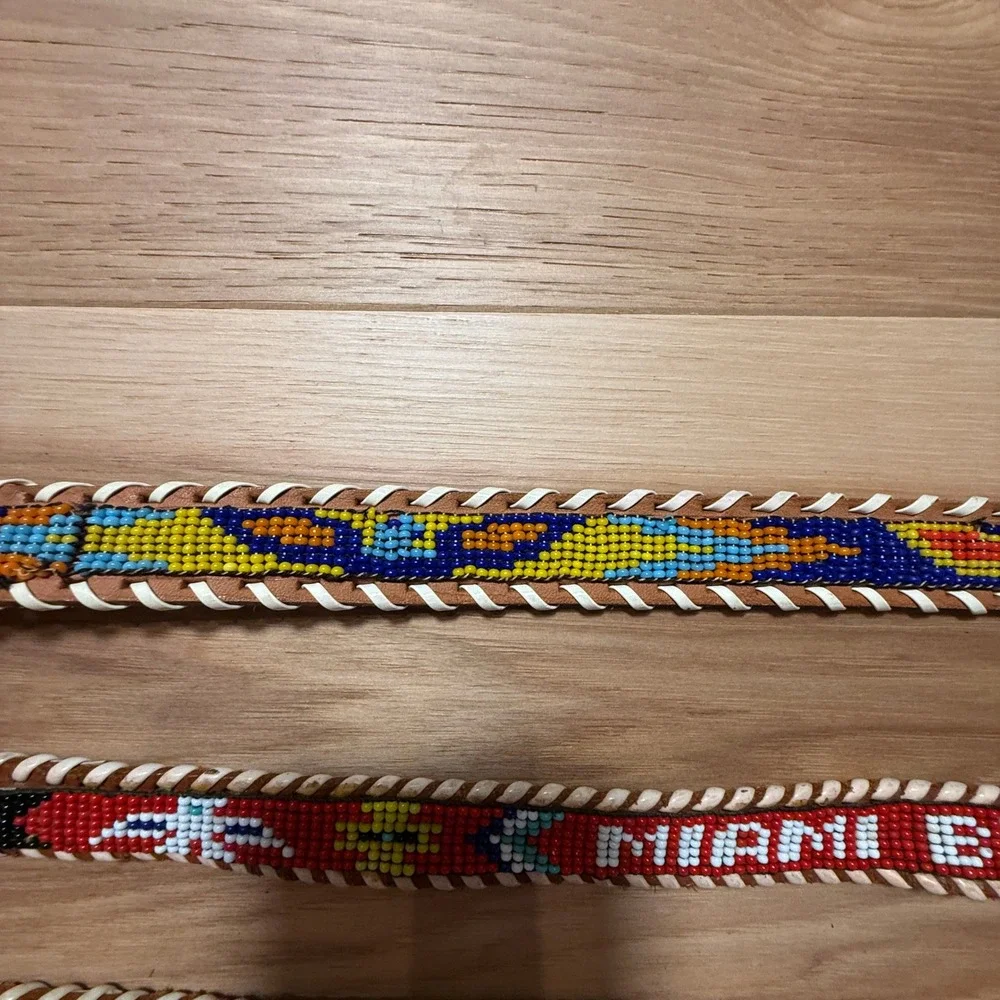 Beaded Leather Belts Kids or Adult XS Brown Tan Lot of 3 Vintage Western Boho